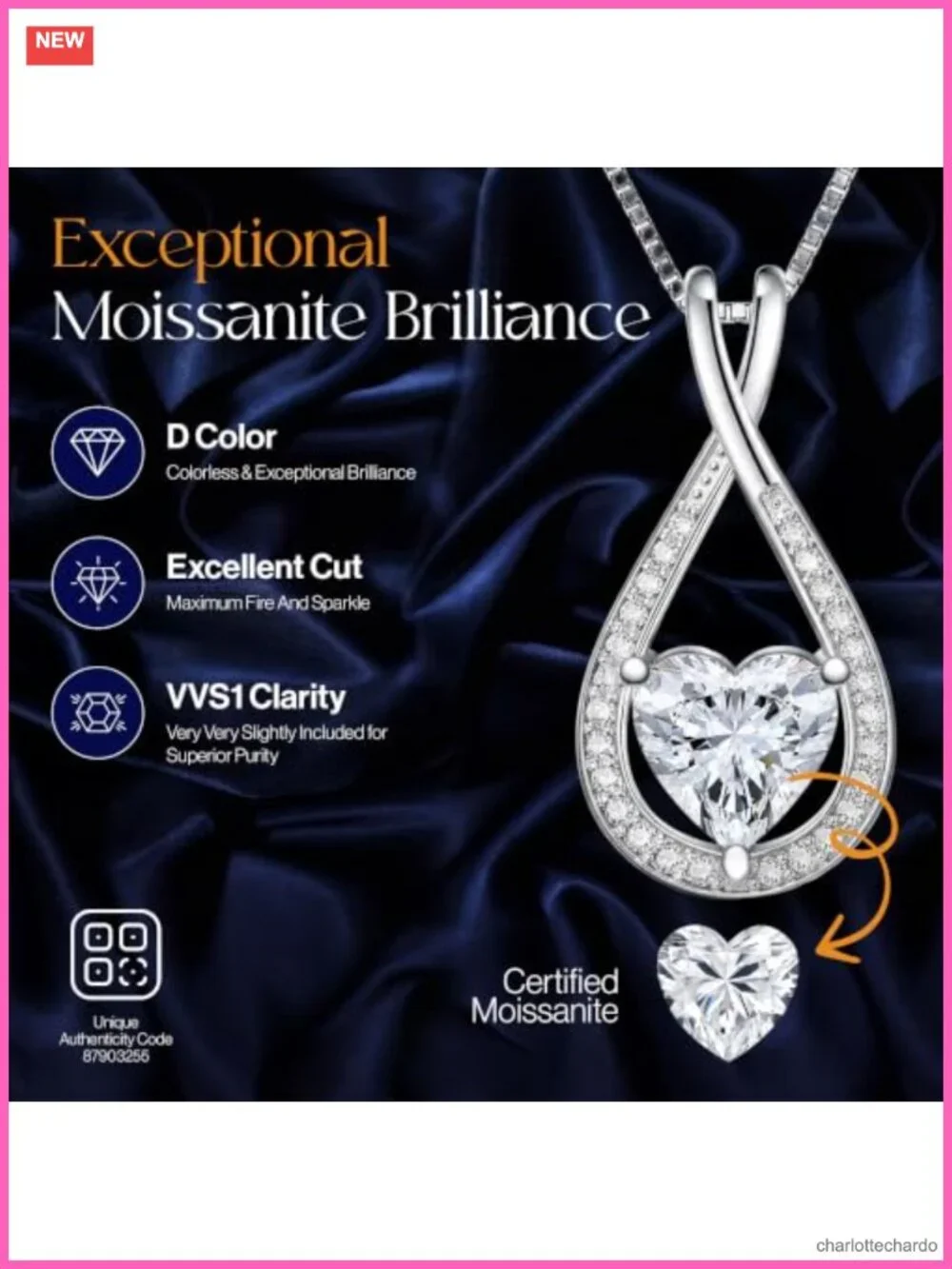 Sterling Silver Moissanite Infinity Heart Necklace 2ct